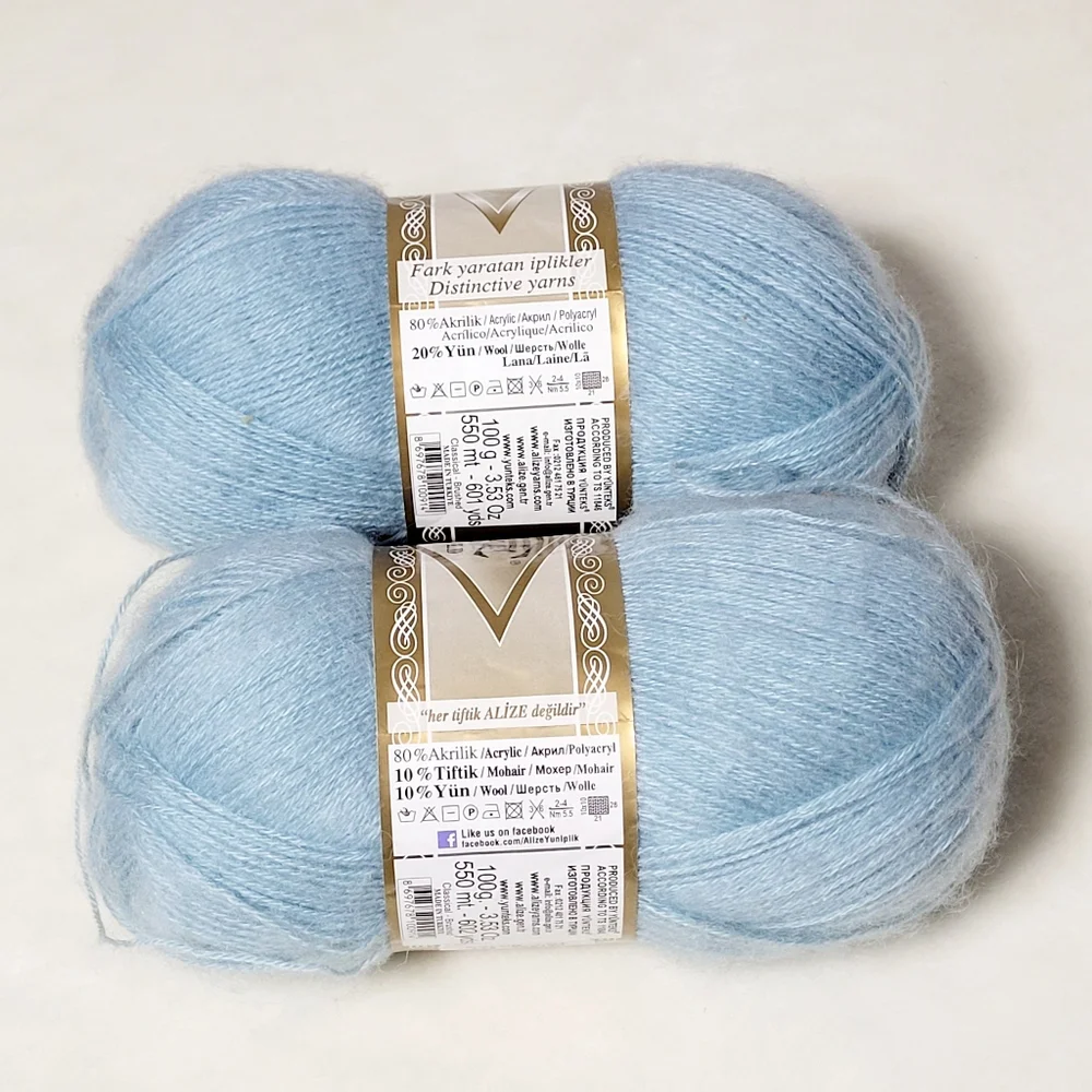 ALIZE Angora Gold Yarn #114 Light Aqua Blue Mohair Wool Blend 2 Skeins